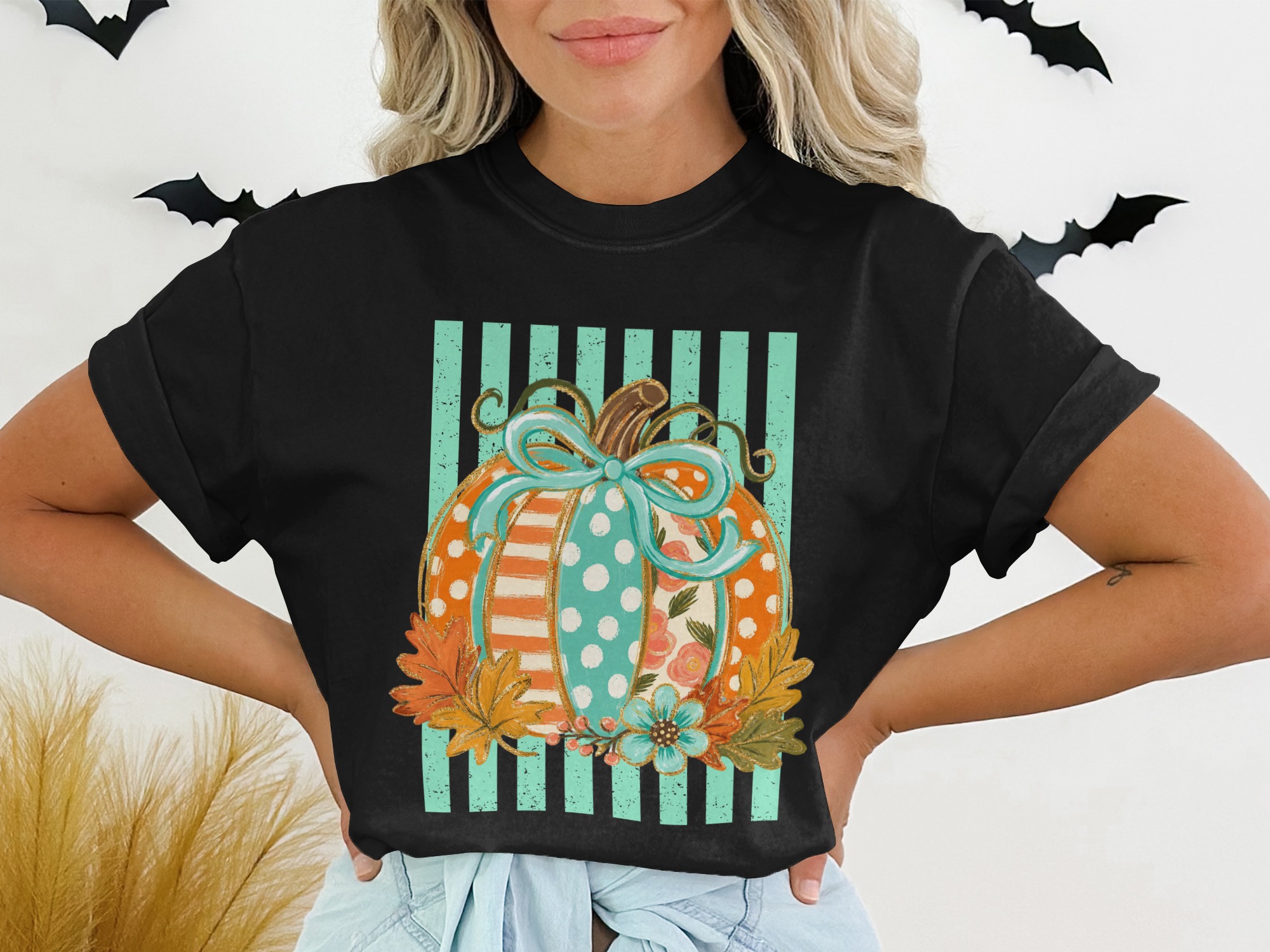 Cute Whimsical Fall Pumpkin T-Shirt, Patchwork Polka Dot Autumn Tee, Unique Thanksgiving Harvest Season Top