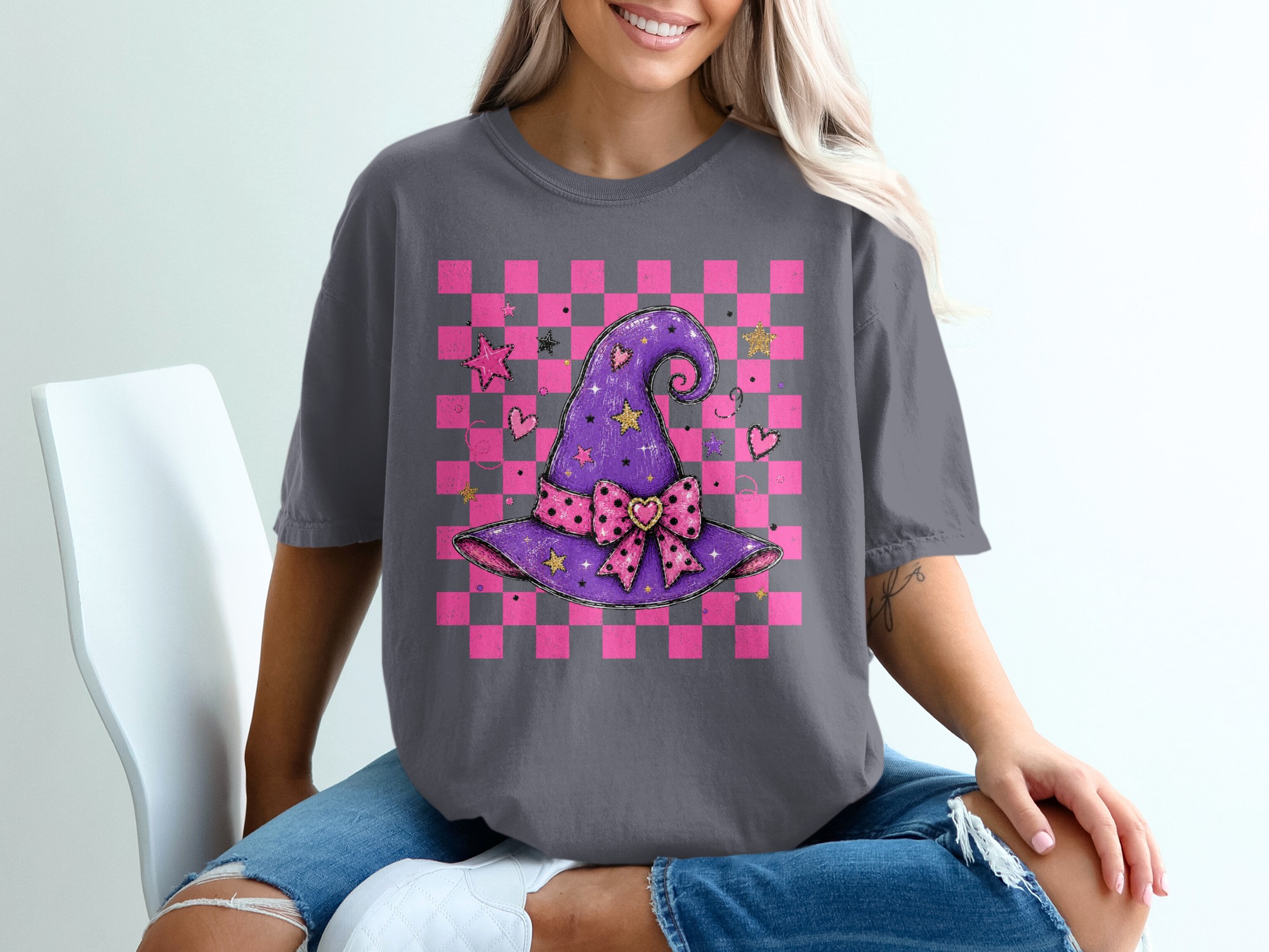 Cute Witch Hat T-Shirt with Pink Checkerboard Background & Stars | Whimsical Halloween Aesthetic Tee - Image 2