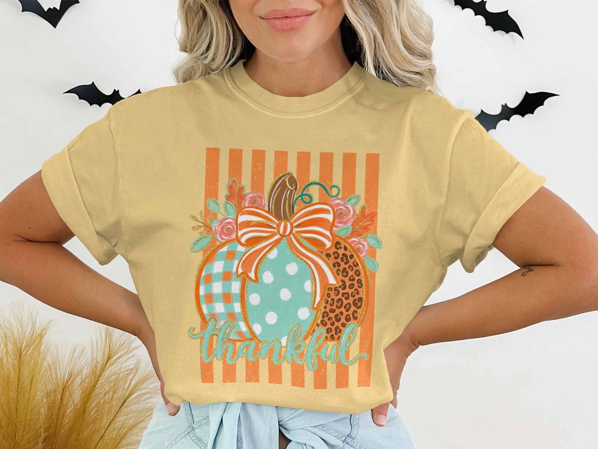 Thankful Pumpkin Patch Fall T-Shirt, Boho Leopard Gingham Polka Dot Autumn Harvest Thanksgiving Graphic Tee for Women - Image 13