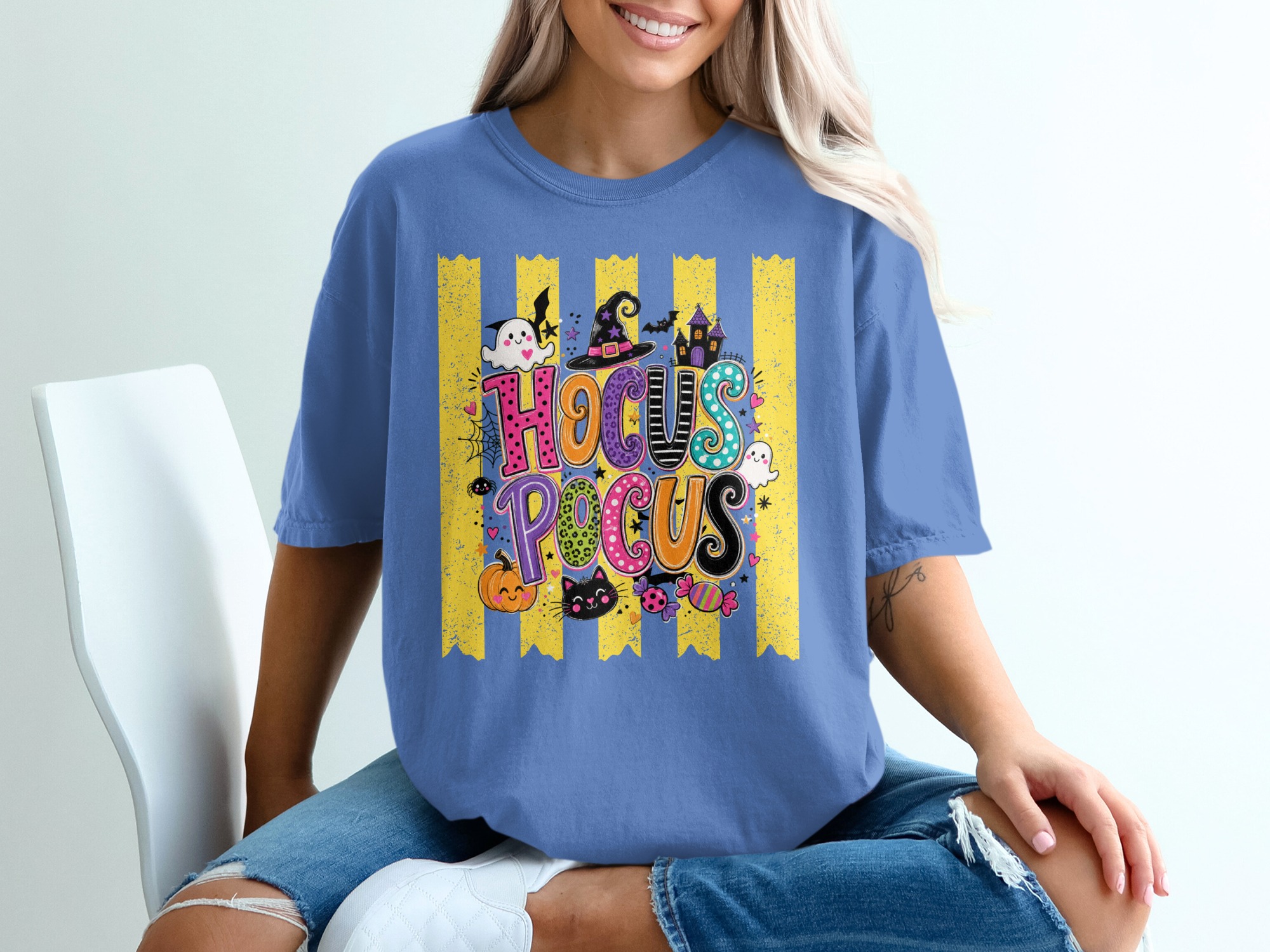 Hocus Pocus Halloween T-Shirt | Cute Spooky Season Witch Tee with Ghosts, Pumpkin, Black Cat & Bats | Fall Party Top for Women - Image 9