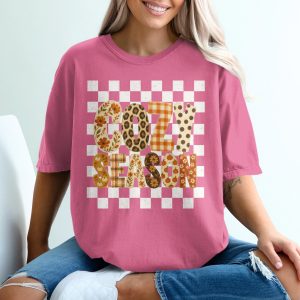 Cozy Season T Shirt | Fall Vibes Autumn Leopard Print Buffalo Plaid Floral Pumpkin Spice Tee | Trendy Seasonal Apparel Gift for Her