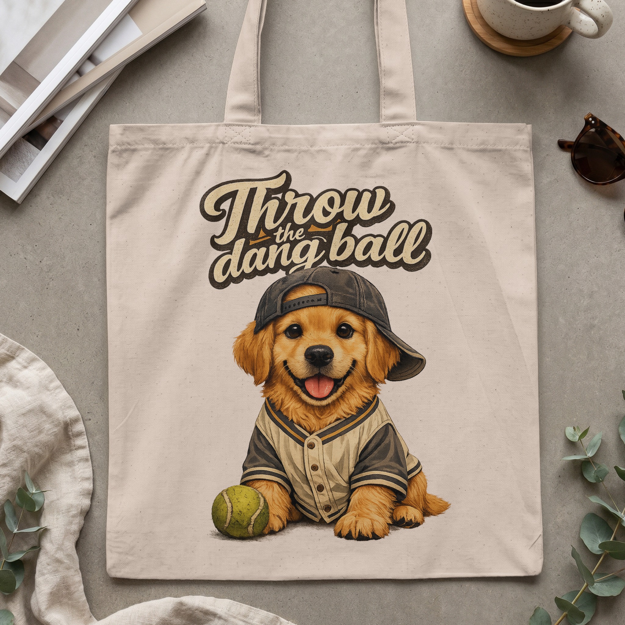 Golden Retriever Tote Bag, Funny Dog Baseball Cap Puppy Canvas Shopper Bag, 'Throw the Dang Ball' Pet Lover Gift - Image 2