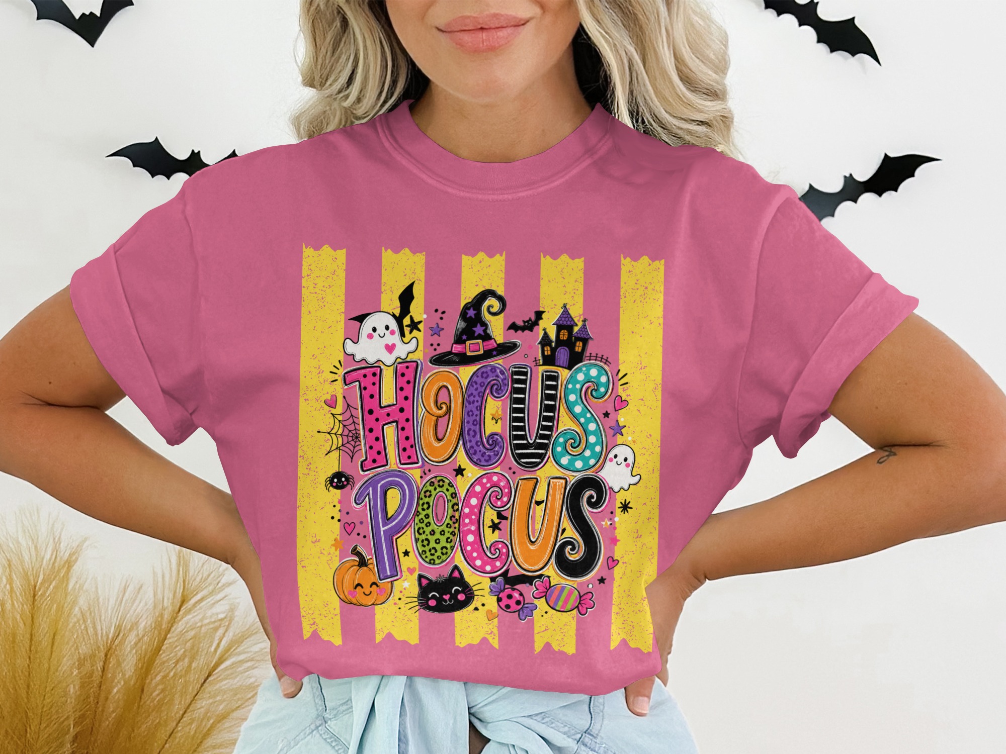 Hocus Pocus Halloween T-Shirt | Cute Spooky Season Witch Tee with Ghosts, Pumpkin, Black Cat & Bats | Fall Party Top for Women - Image 13