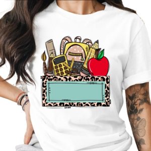 Personalized Teacher T-Shirt, Custom School Supplies & Leopard Print Frame Tee, Back to School Educator Gift Shirt