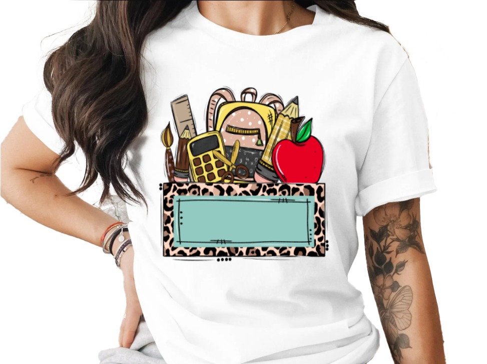Personalized Teacher T-Shirt, Custom School Supplies & Leopard Print Frame Tee, Back to School Educator Gift Shirt