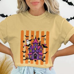 Spooky Cute Haunted House T-Shirt | Whimsical Halloween Tee with Ghosts & Bats | Purple Pink Aesthetic Fall Party Shirt Gift