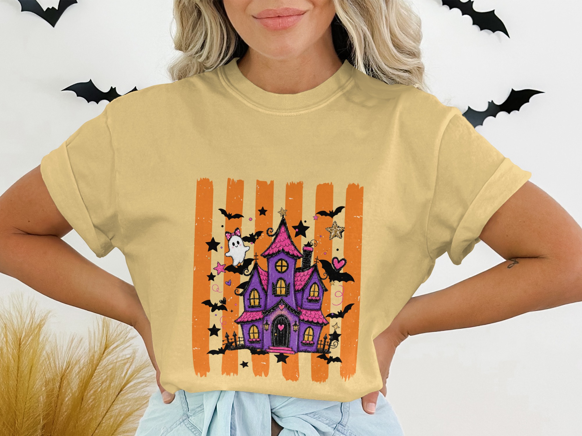 Spooky Cute Haunted House T-Shirt | Whimsical Halloween Tee with Ghosts & Bats | Purple Pink Aesthetic Fall Party Shirt Gift
