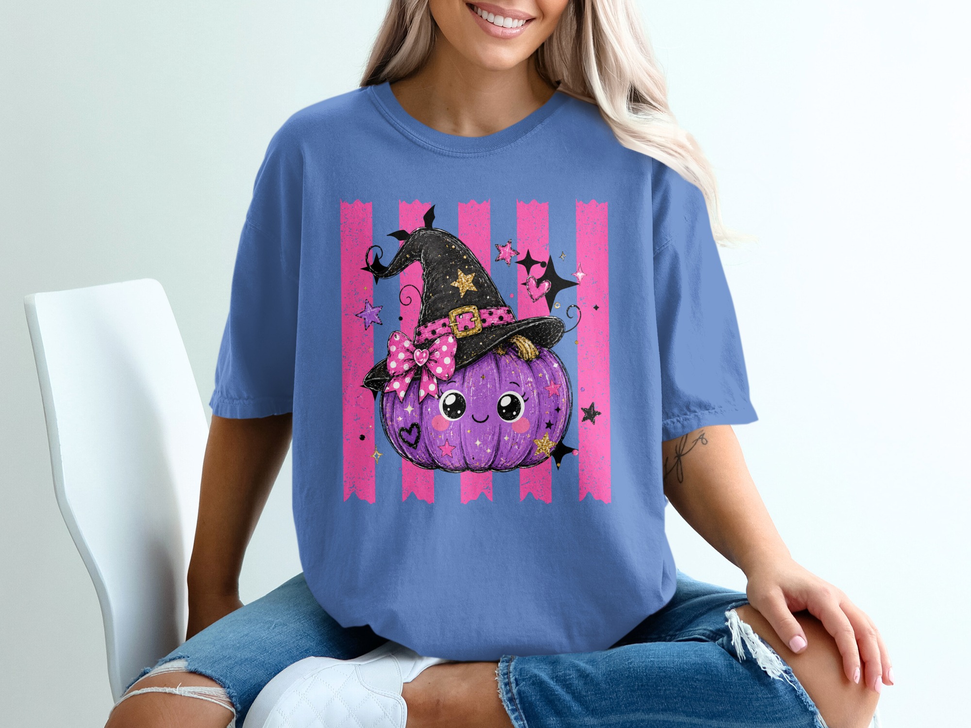 Cute Witch Pumpkin T-Shirt | Adorable Halloween Shirt for Women & Girls | Spooky Season Tee Gift Idea - Image 9
