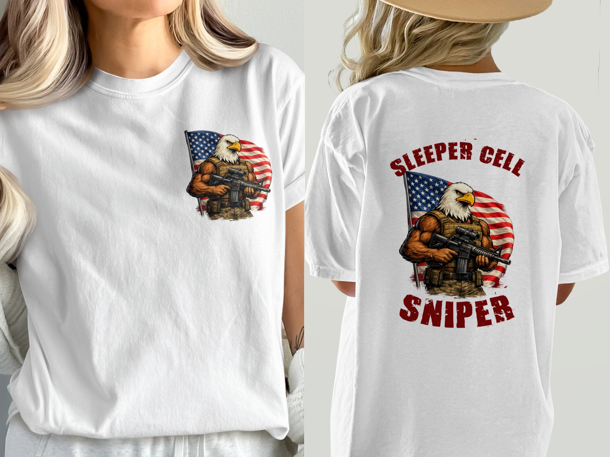 Patriotic Sleeper Cell Sniper T-Shirt, American Flag Eagle Tactical Gear Graphic Tee, Veteran Military USA Pride Gift