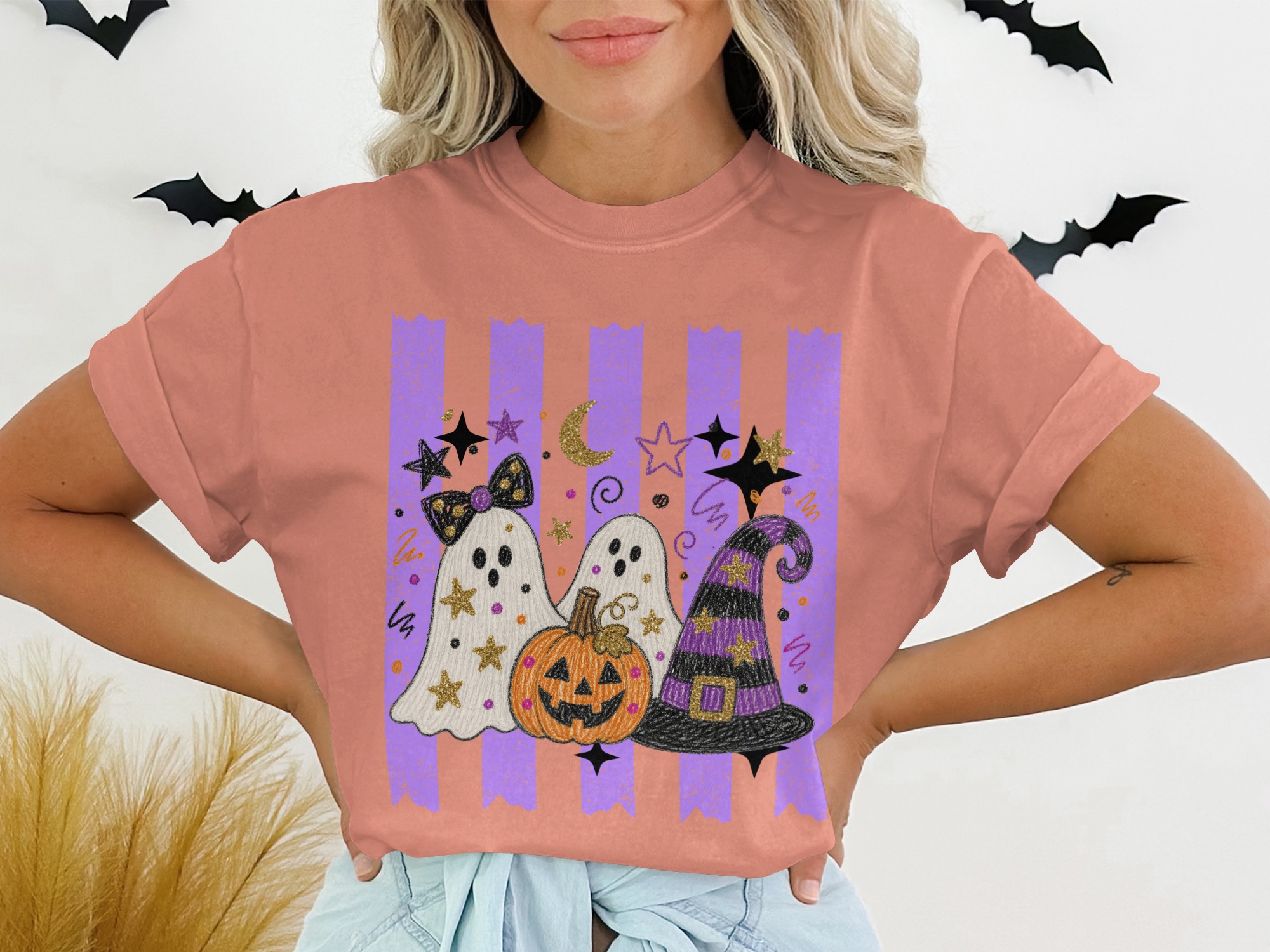 Cute Ghost Halloween T-Shirt, Spooky Pumpkin Witch Hat Graphic Tee, Faux Glitter Fall Festive Women's Purple Stripe Trick or Treat Apparel - Image 3