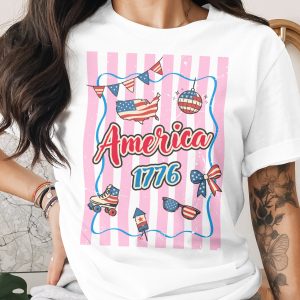 Retro America 1776 T-Shirt, Faux Pink Stripe Independence Day Shirt, USA Flag Map Patriotic Tee, Fourth of July Vintage Top