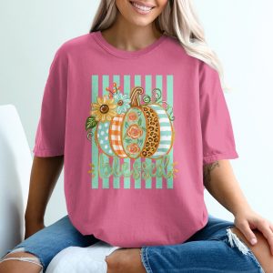 Blessed Fall Pumpkin T-Shirt, Leopard Plaid Floral Autumn Graphic Tee, Thanksgiving Womens Cozy Shirt, Farmhouse Style Gift