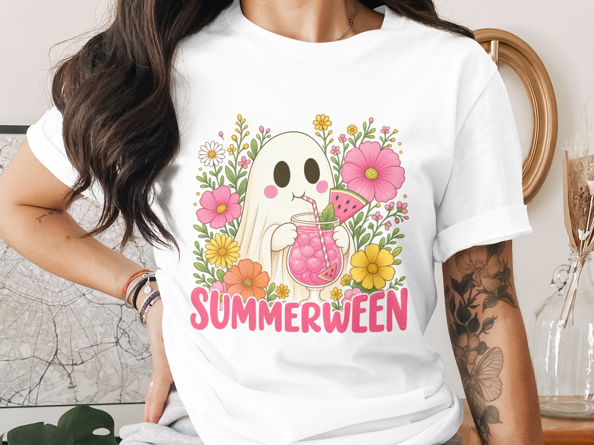 Summerween Digital Download, Cute Ghost PNG with Flowers & Watermelon Drink, Spooky Season Summer Vibes T-Shirt Sublimation Graphic - Image 2