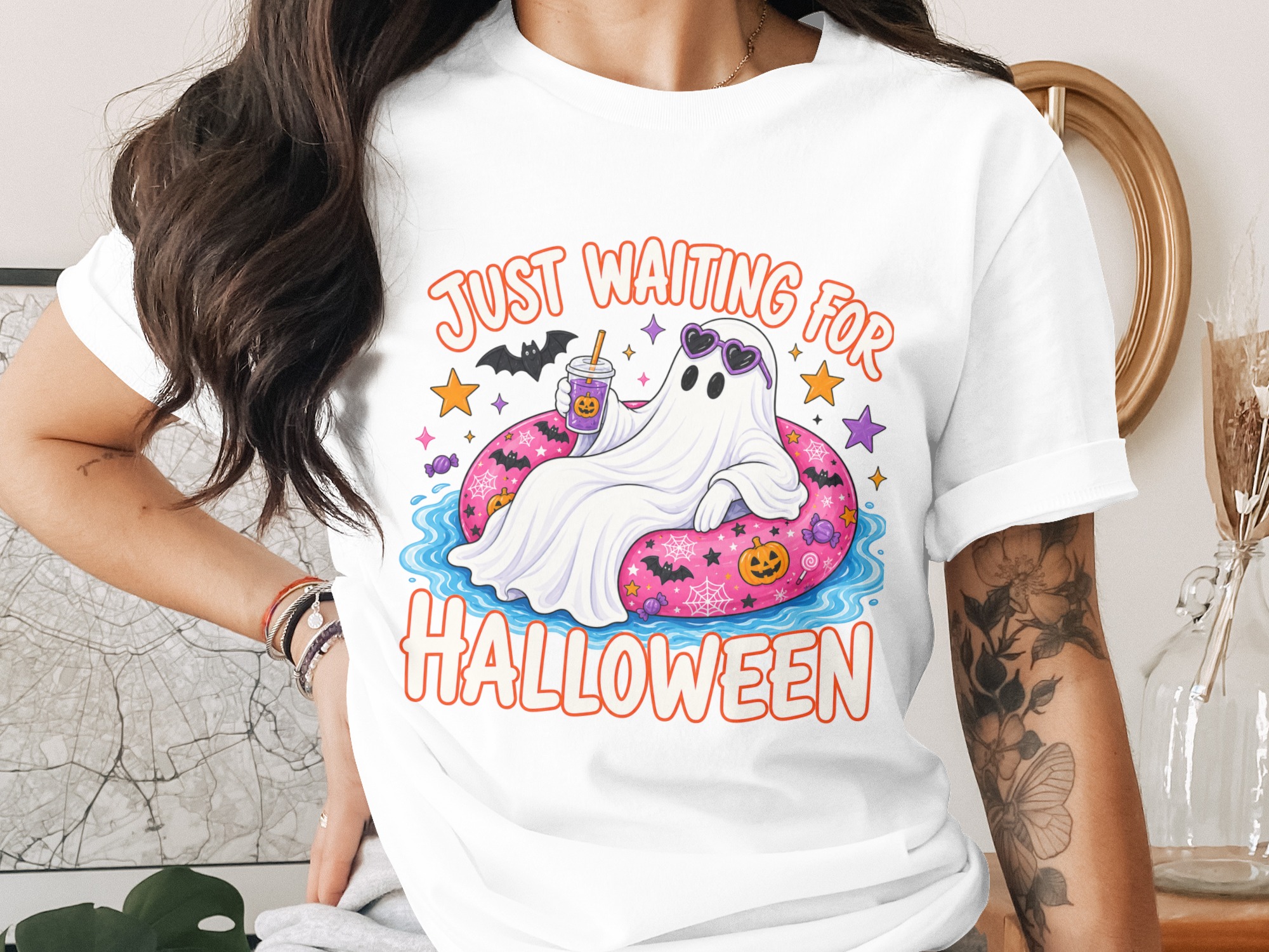 Just Waiting for Halloween Ghost PNG Digital Download, Cute Spooky Season Ghostie Graphic Design, Funny Fall Sublimation Tee Art - Image 2