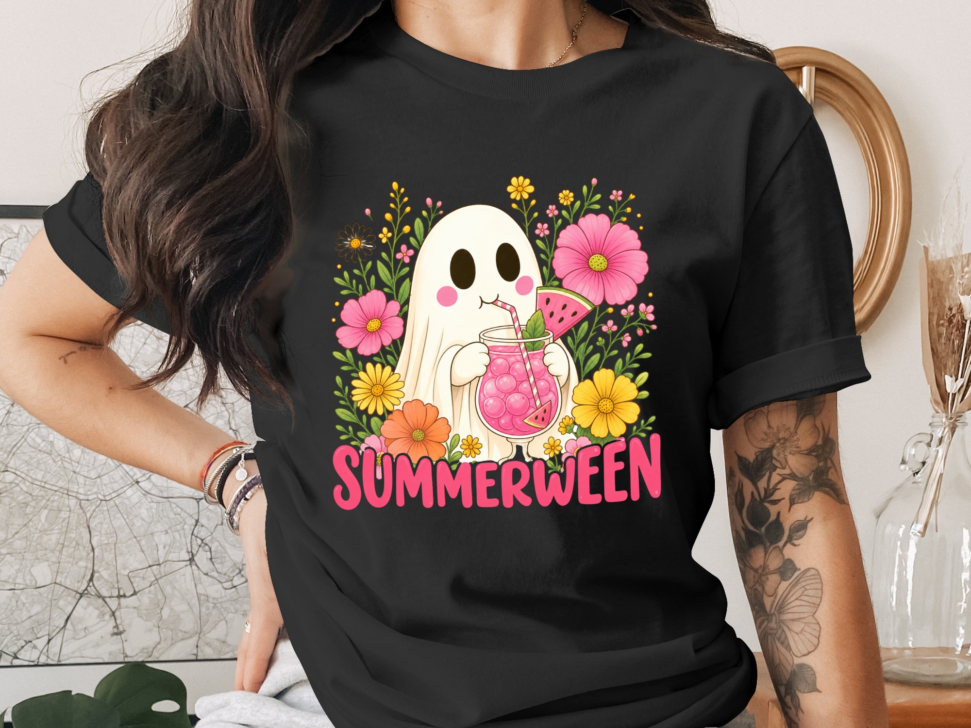 Summerween Digital Download, Cute Ghost PNG with Flowers & Watermelon Drink, Spooky Season Summer Vibes T-Shirt Sublimation Graphic - Image 9