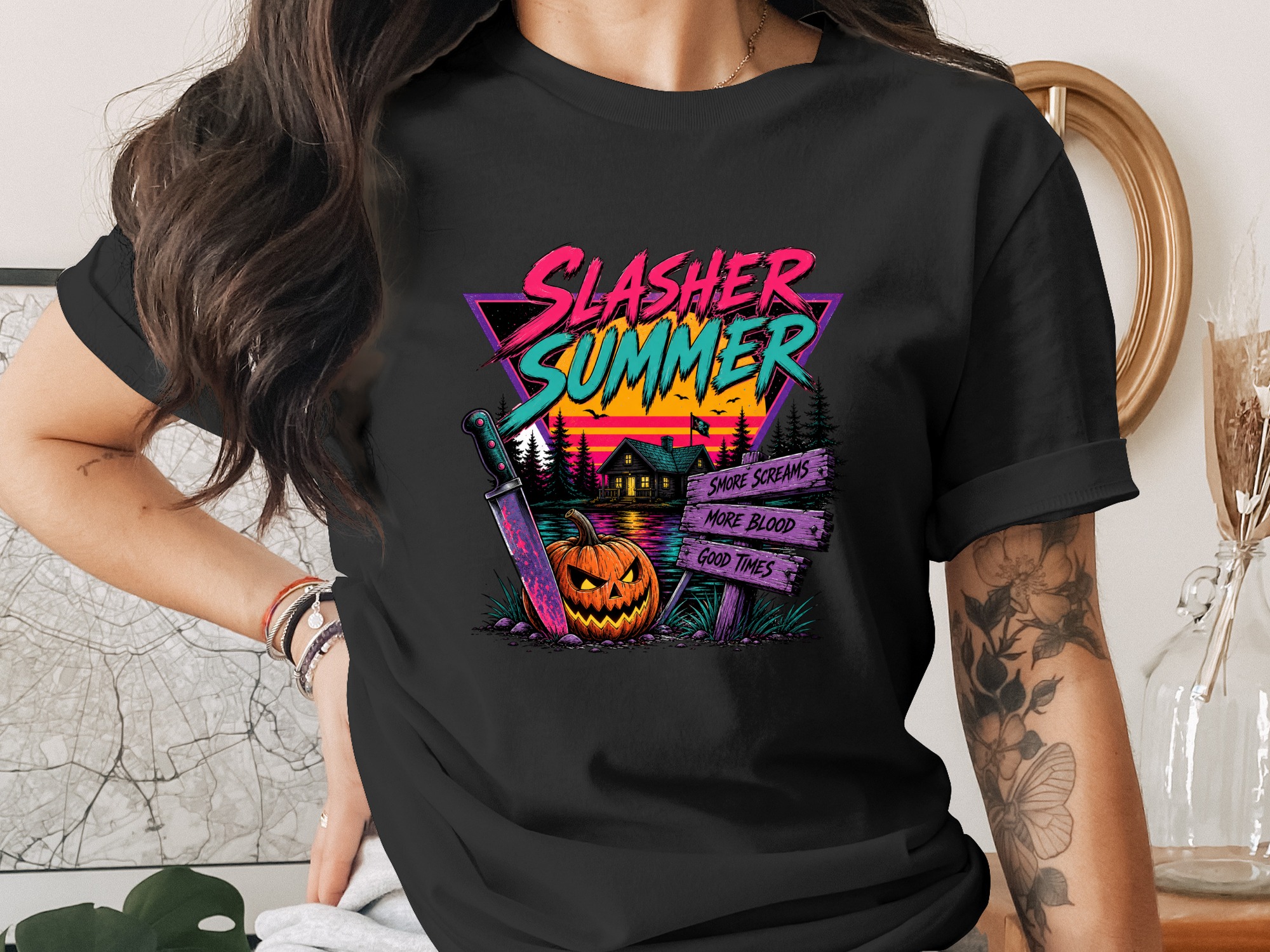 Slasher Summer Retro Horror Digital Download PNG with Spooky Pumpkin & Knife | 80s Halloween Synthwave Shirt Design File - Image 9