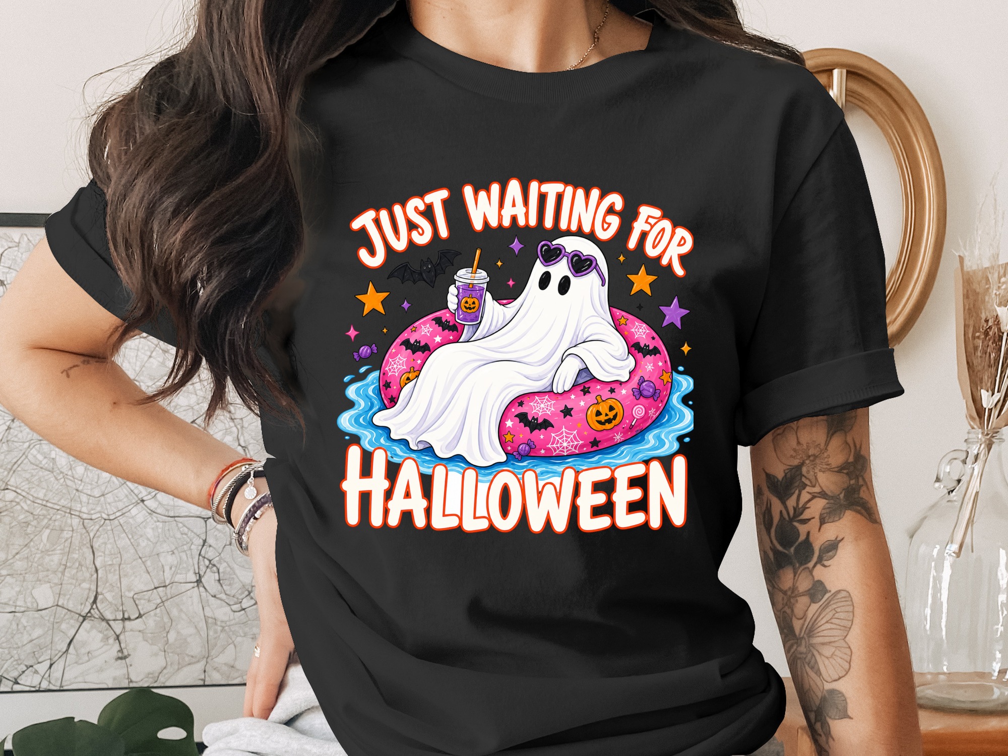 Just Waiting for Halloween Ghost PNG Digital Download, Cute Spooky Season Ghostie Graphic Design, Funny Fall Sublimation Tee Art - Image 9