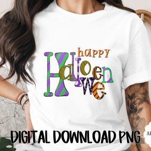 Happy Halloween Digital Download PNG, Spooky Season Sublimation Design, Fun Stripe Polka Dot Halloween Digital File