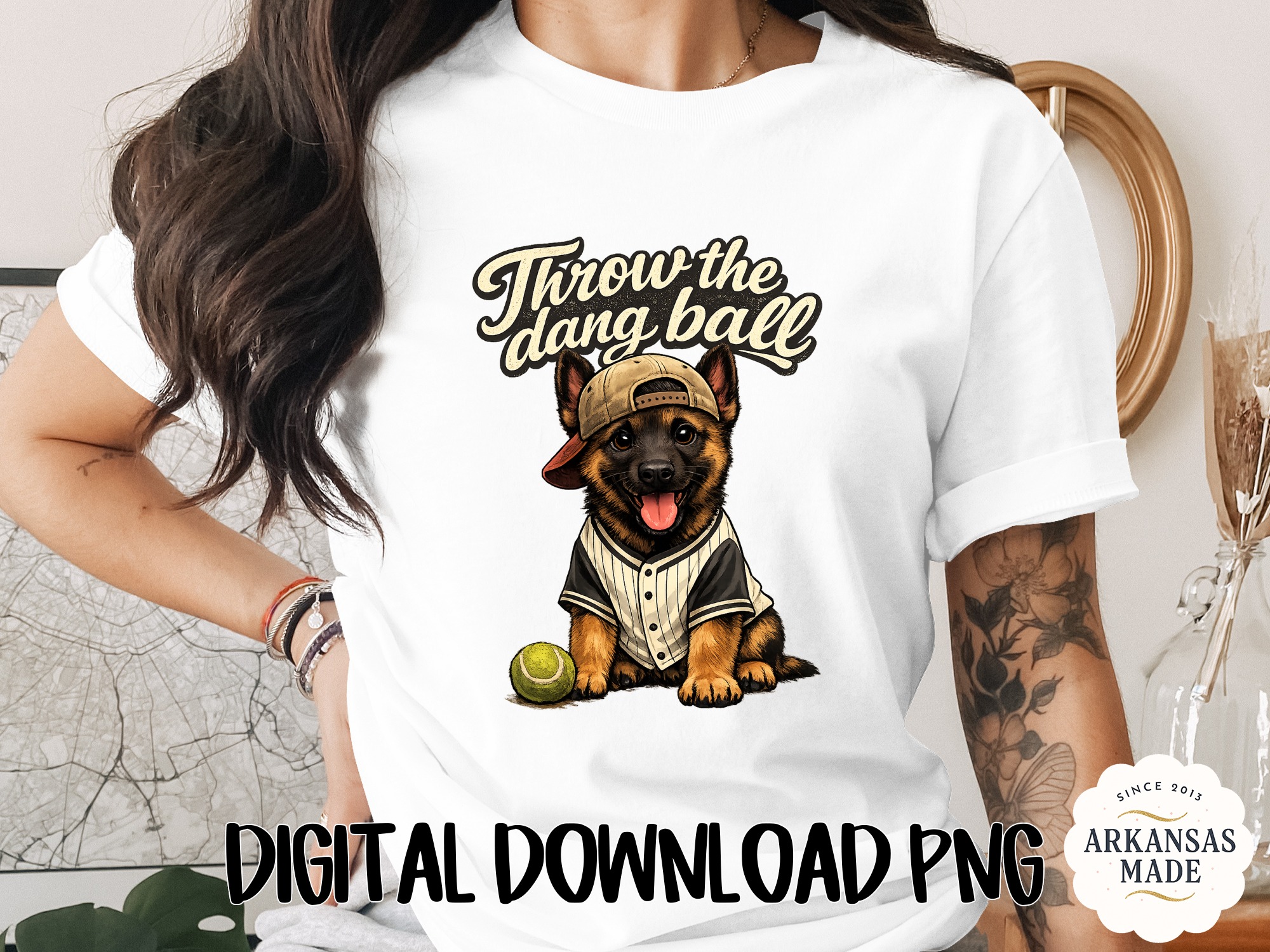 German Shepherd Baseball Dog PNG, 'Throw the Dang Ball' Puppy Digital Download, Dog Mom Baseball Fan Sublimation Design Art