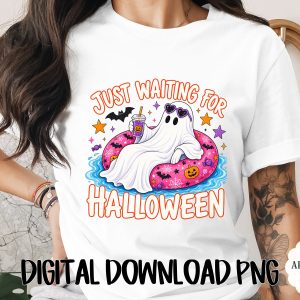 Just Waiting for Halloween Ghost PNG Digital Download, Cute Spooky Season Ghostie Graphic Design, Funny Fall Sublimation Tee Art