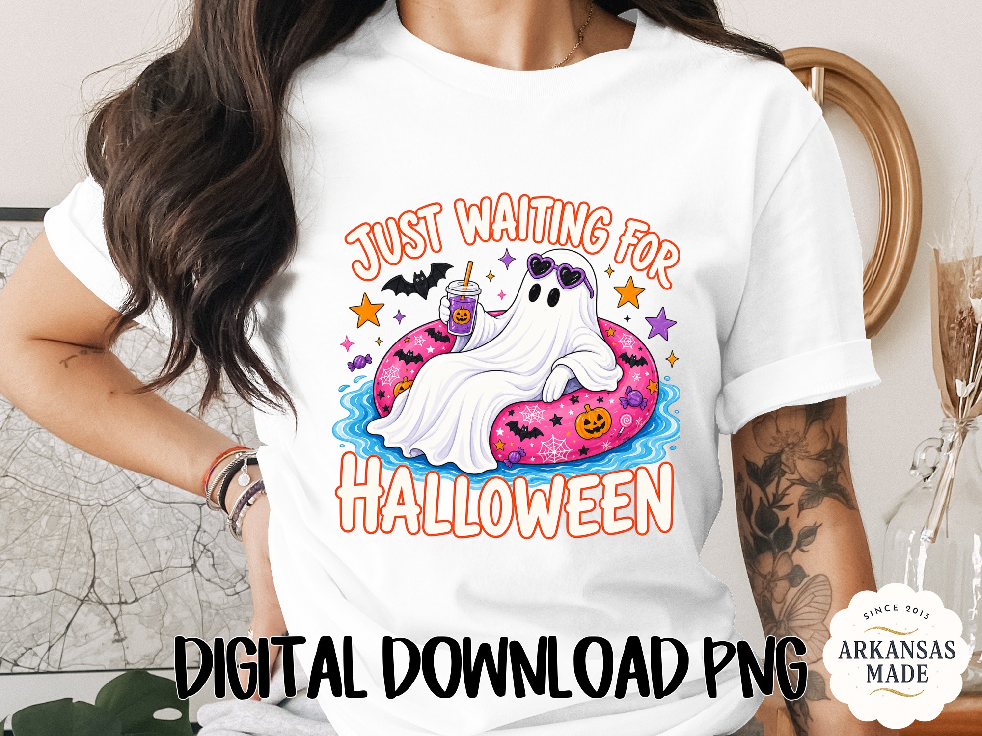 Just Waiting for Halloween Ghost PNG Digital Download, Cute Spooky Season Ghostie Graphic Design, Funny Fall Sublimation Tee Art