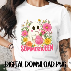 Summerween Digital Download, Cute Ghost PNG with Flowers & Watermelon Drink, Spooky Season Summer Vibes T-Shirt Sublimation Graphic