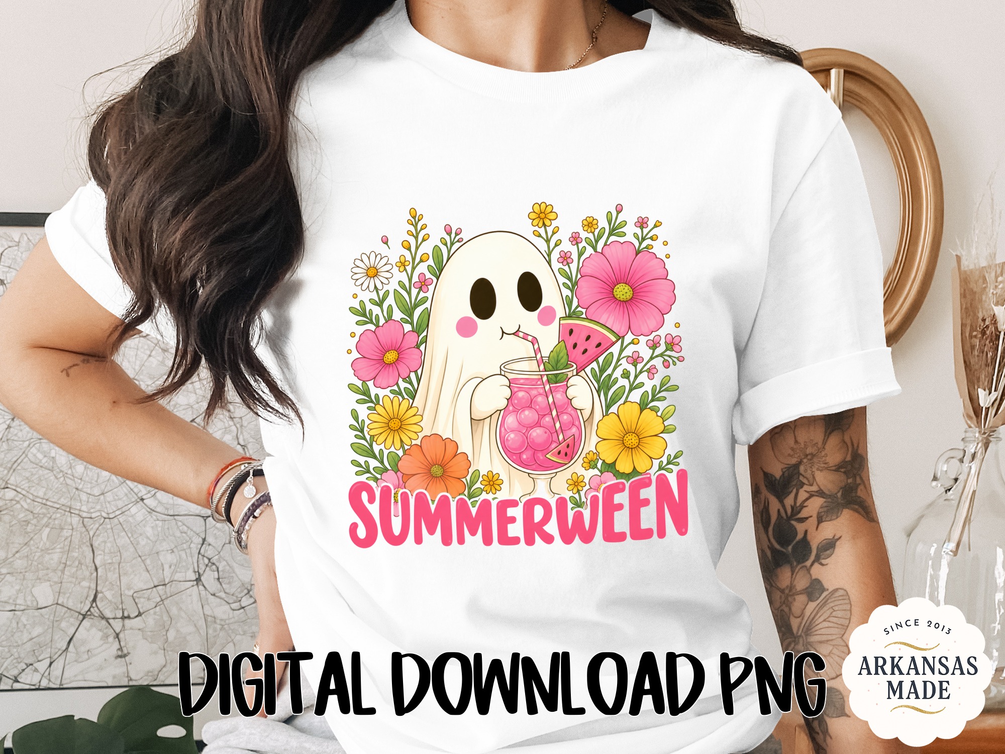 Summerween Digital Download, Cute Ghost PNG with Flowers & Watermelon Drink, Spooky Season Summer Vibes T-Shirt Sublimation Graphic