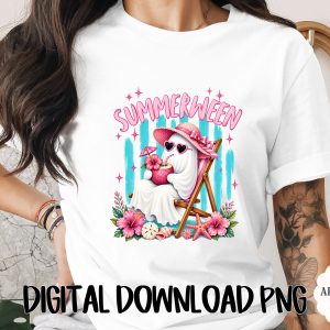 Summerween Ghost PNG Digital Download, Cute Beach Ghost Sublimation Design, Spooky Summer Tropical Halloween Art Graphic File for Crafters
