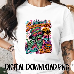 Summerween Skeleton PNG Digital Download, Chillin Thrillin Spooky Summer Vacation Graphic, Halloween Party T-Shirt Design, Y2K Vibes