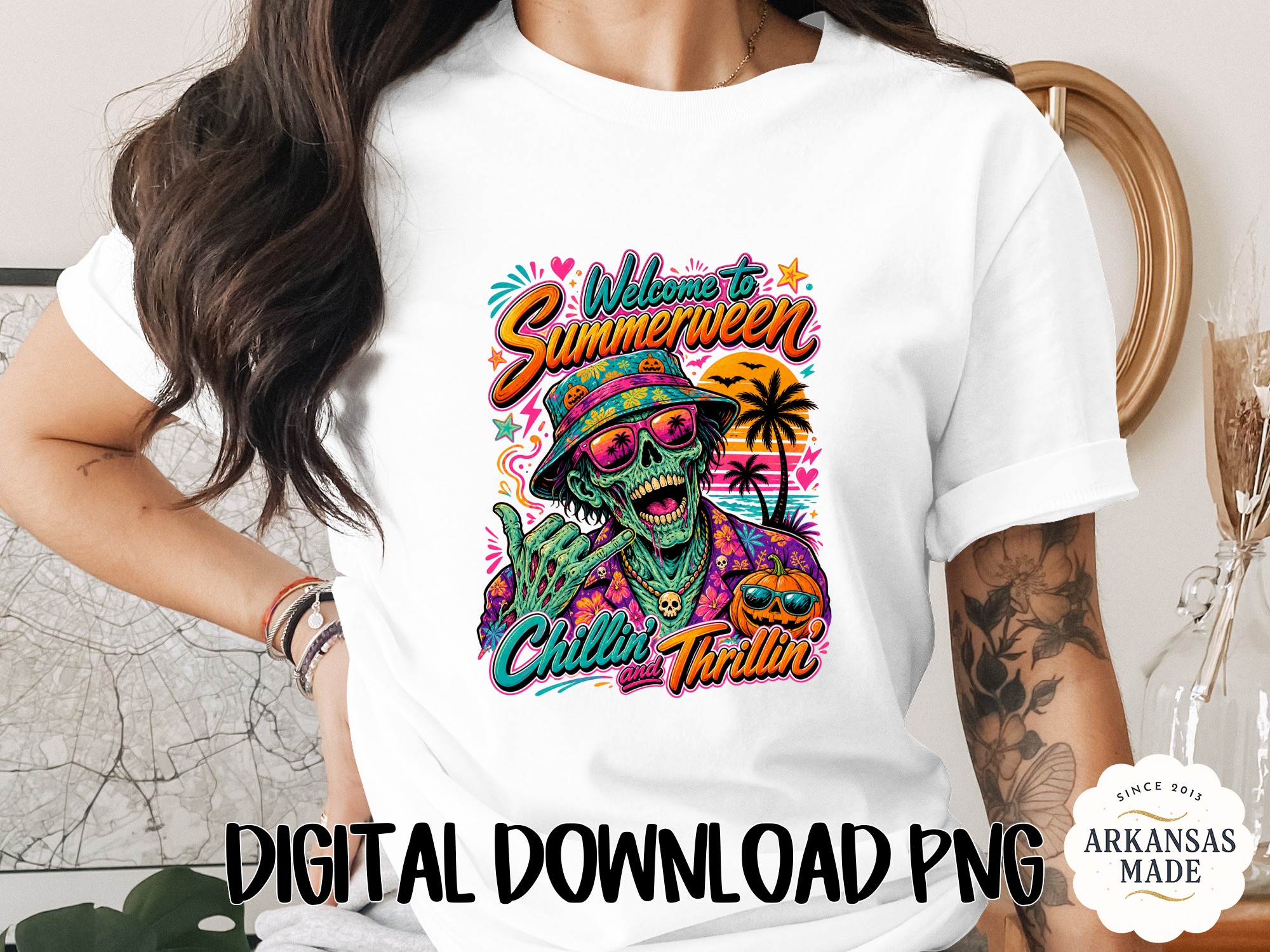 Summerween Skeleton PNG Digital Download, Chillin Thrillin Spooky Summer Vacation Graphic, Halloween Party T-Shirt Design, Y2K Vibes