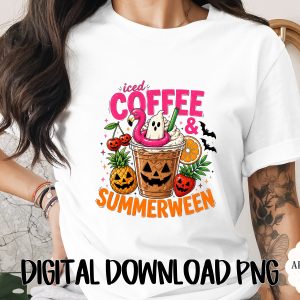 Summerween Iced Coffee PNG Digital Download, Spooky Cute Coffee Lover Halloween in July Design, Kawaii Halloween Commercial Use File