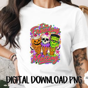 Halloween Ice Cream Digital Design PNG, Spooky Melting Skull Pumpkin Frankenstein Monster, Freaking Melting Neon Vibe Download