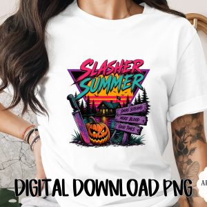 Slasher Summer Retro Horror Digital Download PNG with Spooky Pumpkin & Knife | 80s Halloween Synthwave Shirt Design File
