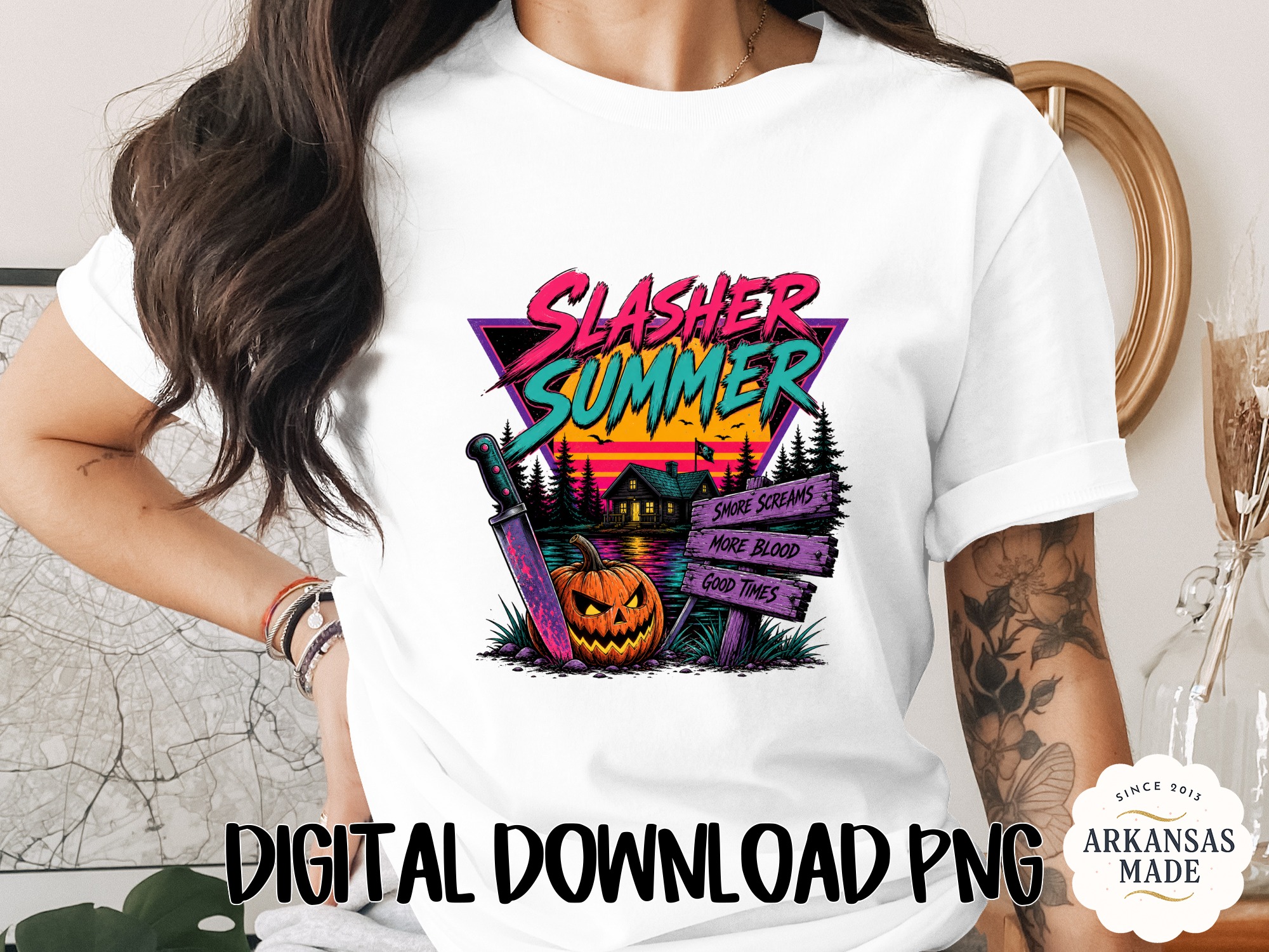 Slasher Summer Retro Horror Digital Download PNG with Spooky Pumpkin & Knife | 80s Halloween Synthwave Shirt Design File