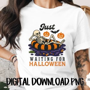 Waiting For Halloween PNG Digital Download, Skeleton Halloween Design, Spooky Season Graphic, Funny Fall PNG