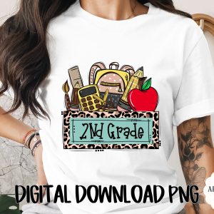 2nd Grade Teacher Back to School Digital PNG Leopard Print School Supplies Clipart, Elementary Classroom Decor Design, Teacher Gift