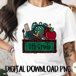 5th Grade Back to School Digital PNG, Leopard Print School Supplies Art, Fifth Grade Student Teacher Gift, Elementary Educational Design