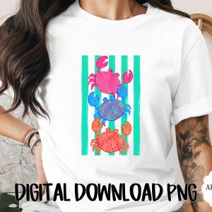 Vibrant Crab Stack Digital Download, Preppy Coastal Summer Art Print, Cute Beach House Decor PNG, Colorful Ocean Animal Graphic Design