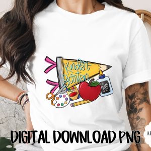 Kindergarten Teacher Back to School Digital PNG, First Day of School Apple Pencil Crayons Glue Supplies Sublimation Design Clipart