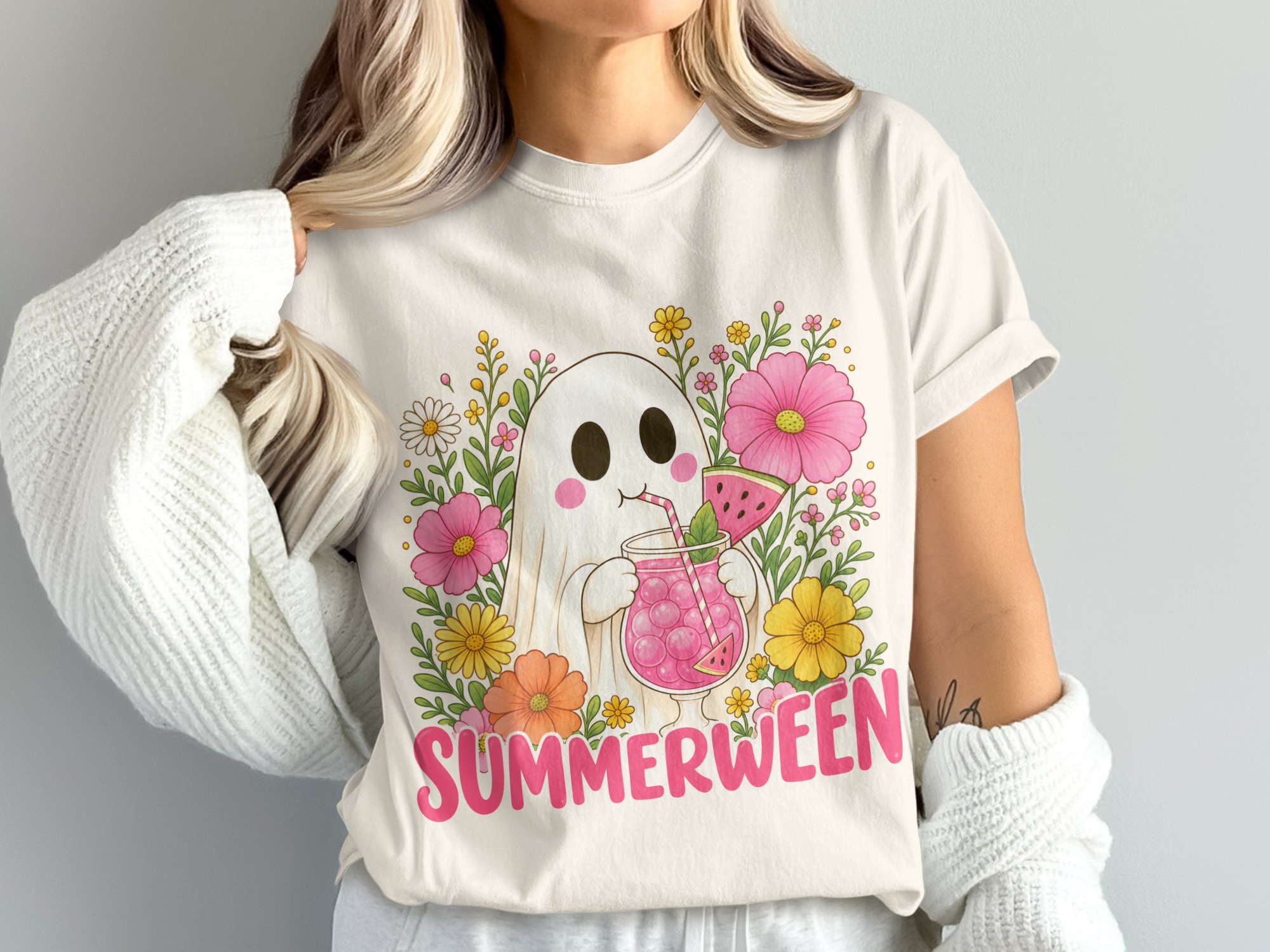 Summerween Digital Download, Cute Ghost PNG with Flowers & Watermelon Drink, Spooky Season Summer Vibes T-Shirt Sublimation Graphic - Image 4
