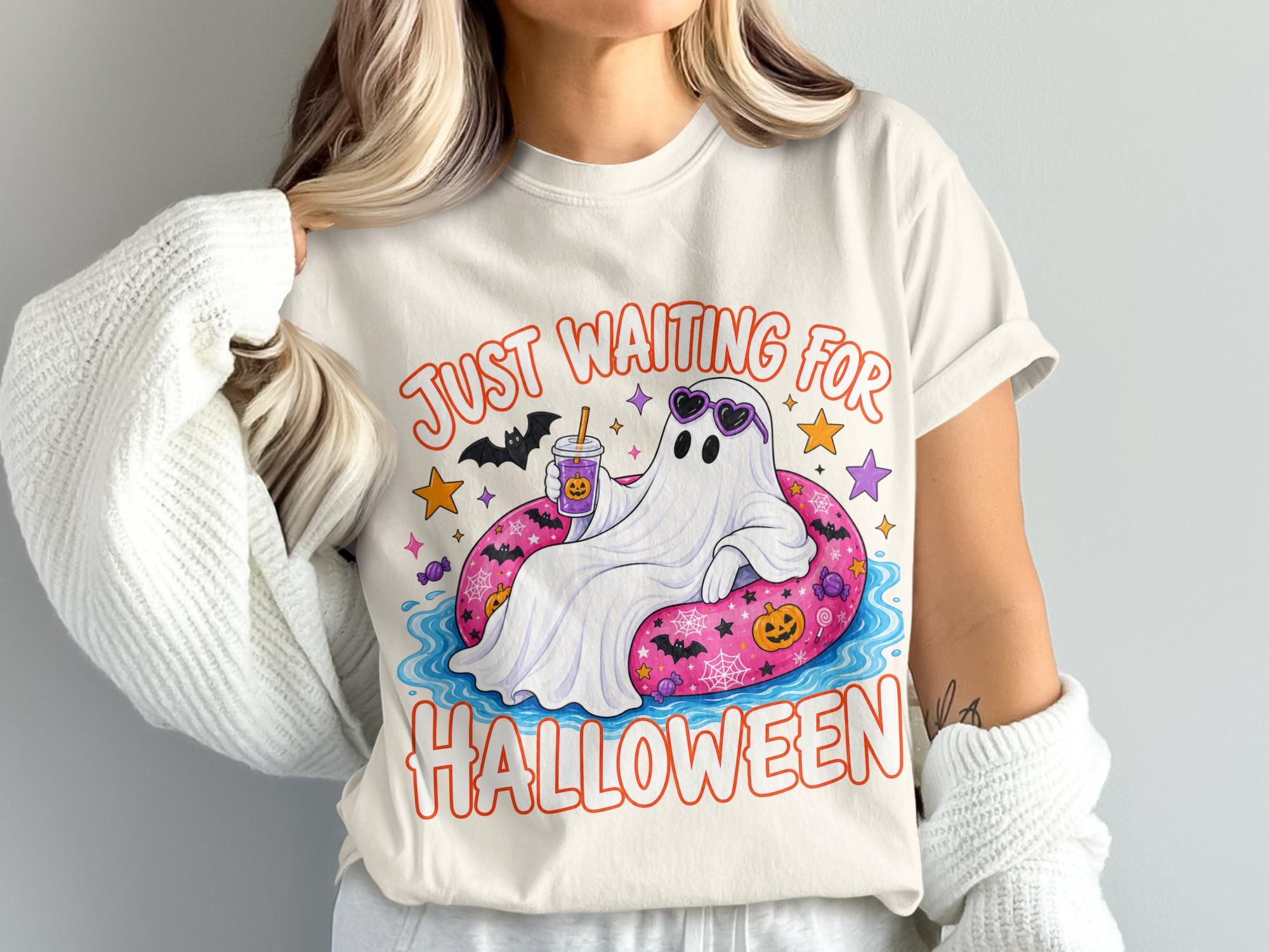 Just Waiting for Halloween Ghost PNG Digital Download, Cute Spooky Season Ghostie Graphic Design, Funny Fall Sublimation Tee Art - Image 4