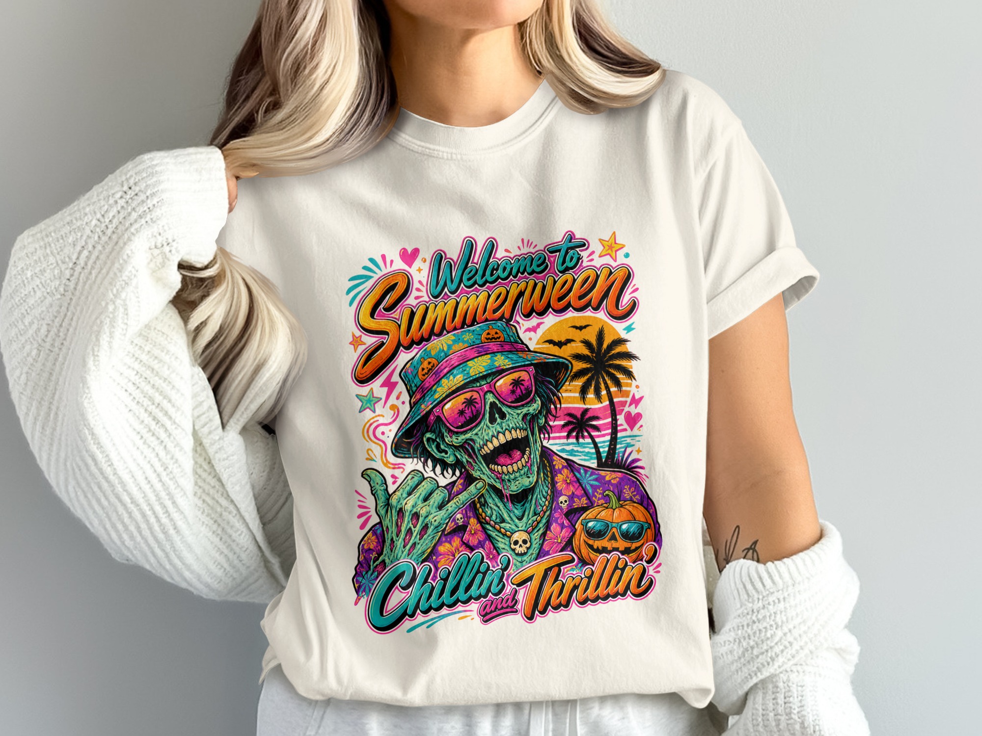 Slasher Summer Retro Horror Digital Download PNG with Spooky Pumpkin & Knife | 80s Halloween Synthwave Shirt Design File - Image 4