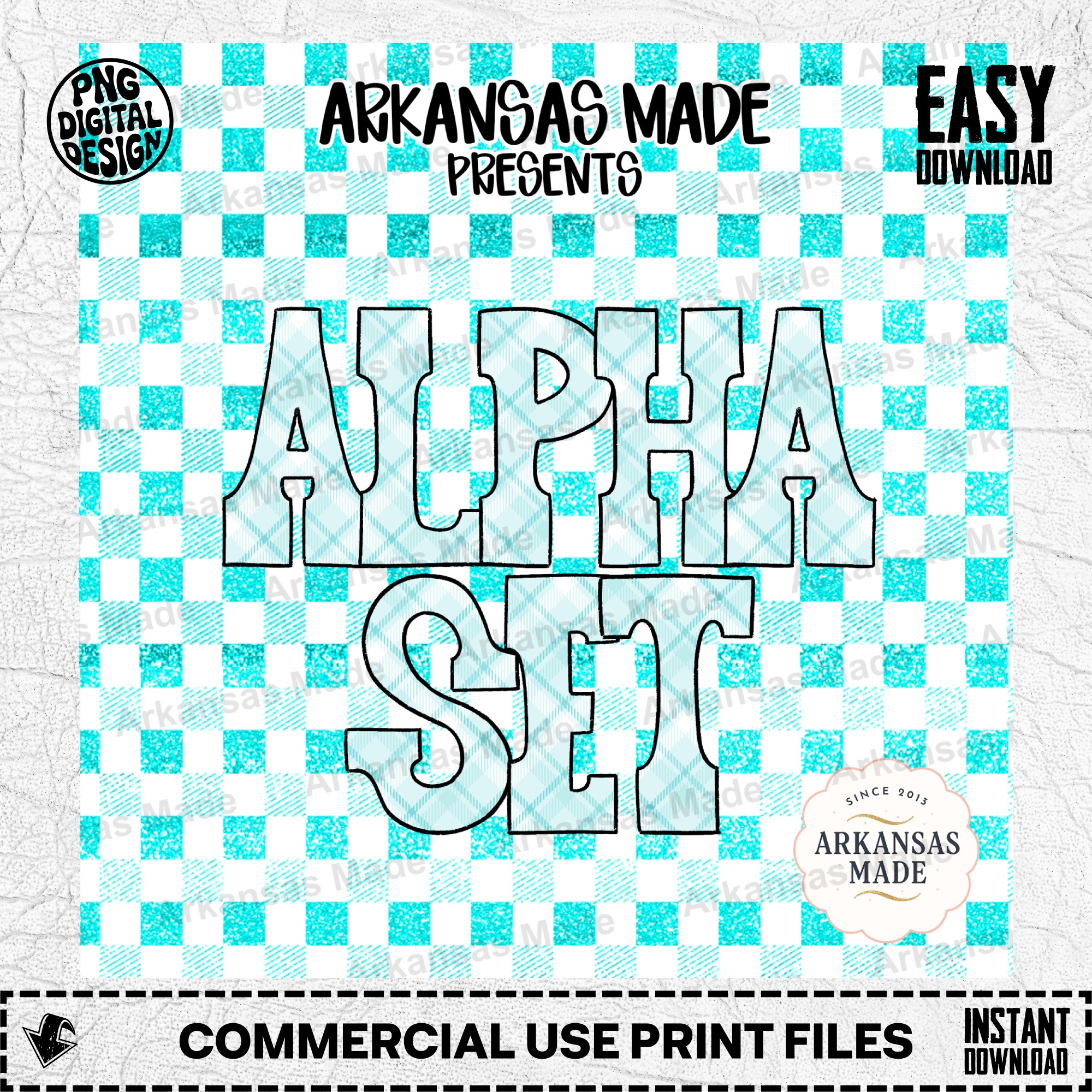 Aqua Blue Plaid Glitter Alpha PNGs, Full Alphabet & Numbers Set, Digital Download Letters, Crafters Font Pack, Faux Glitter Plaid PNG Bundle - Image 2