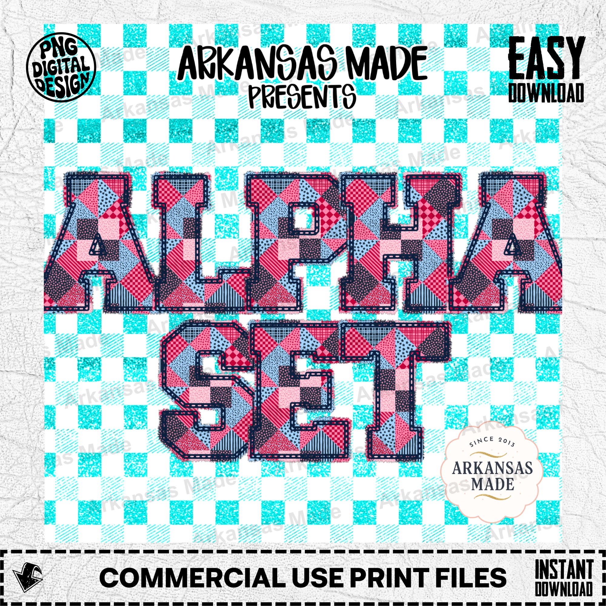 Patchwork Alpha PNGs Quilted Alphabet Letters, Red Blue Patriotic Initial PNG, Digital Download for Crafts, Varsity Font PNG, Farmhouse DIY - Image 2