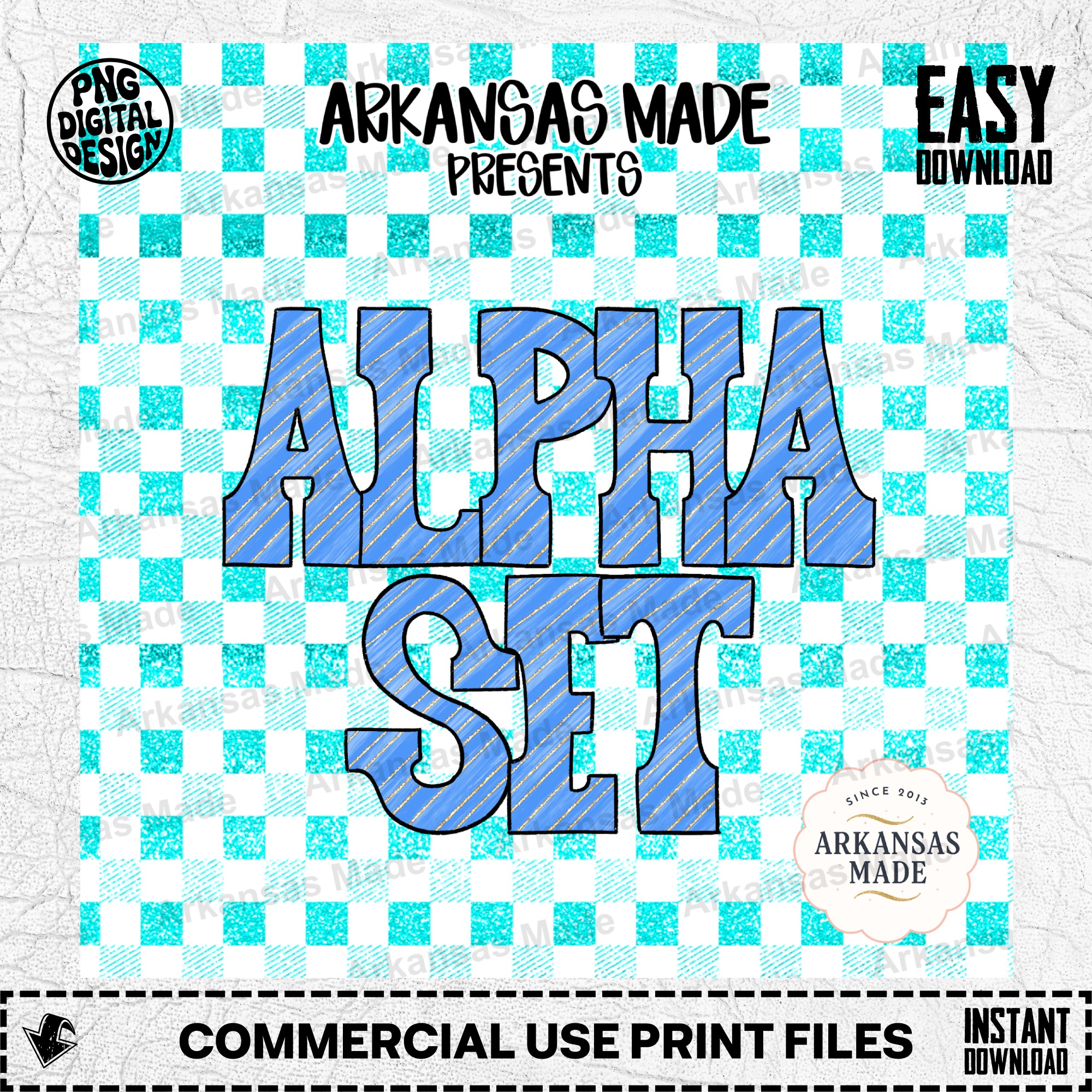 Blue Faux Gold Glitter Alpha PNG Set | Striped Digital Alphabet Letters & Numbers | Sublimation & DIY Craft Files - Image 2