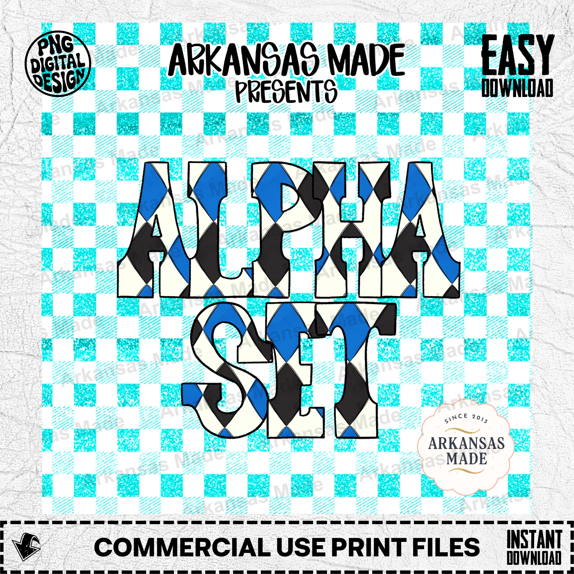Argyle Blue Black Alpha PNGs Set, Harlequin Letters Font, Digital Download, Preppy Monogram Varsity Letters, Sporty Team Design Crafters - Image 2