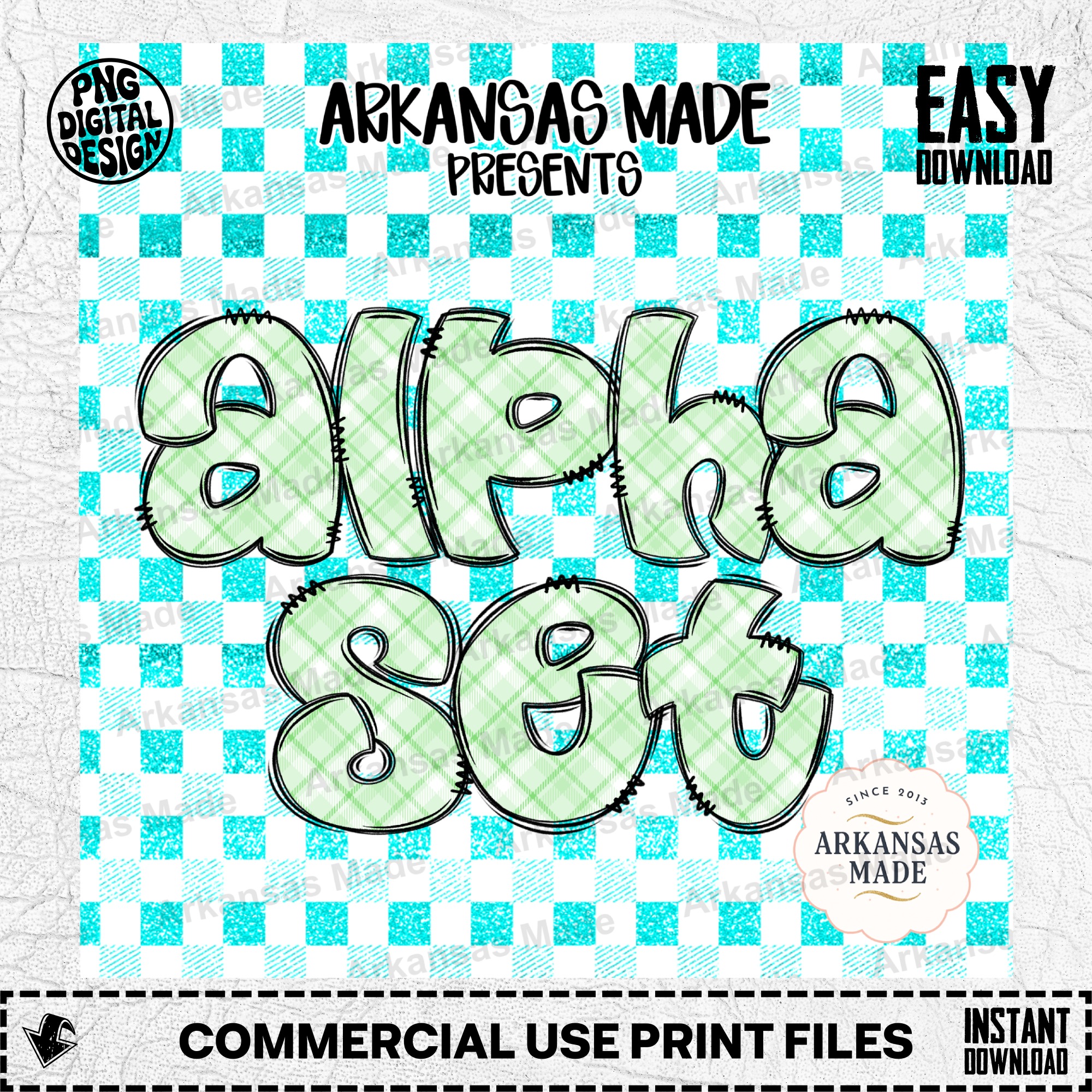 Green Plaid Alpha PNG Set, Cute Bubble Letters Digital Download, Hand Drawn Alphabet PNG for Sublimation & Crafts - Image 2
