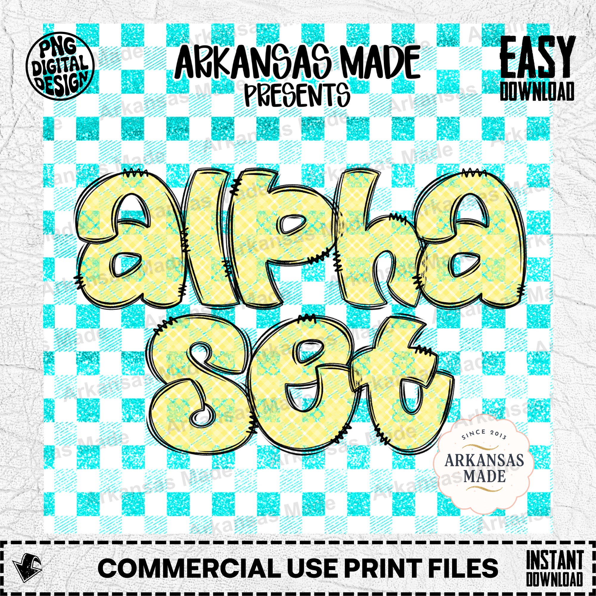 Yellow Plaid Alpha PNG Set | Stitched Gingham Alphabet Letters | Doodle Outline Font for Sublimation & DIY Projects - Image 2