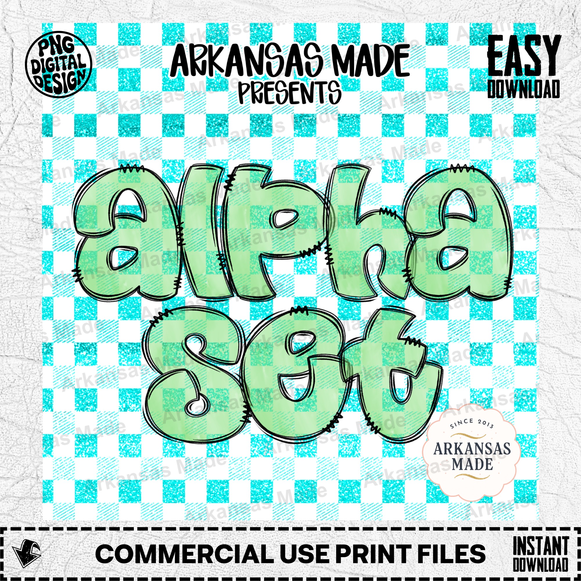 Light Green Gingham Alpha PNG Set - Distressed Bubble Letters, Stitched Outline Font, Digital Alphabet for Sublimation & Crafts - Image 2