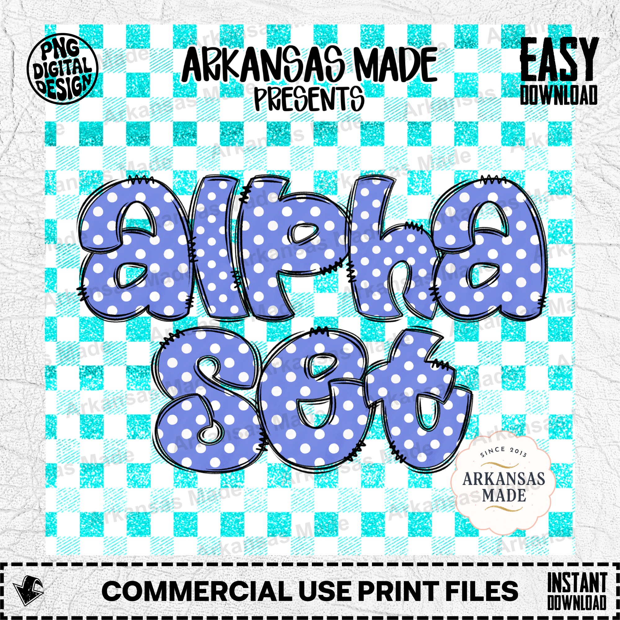 Alpha PNG Set | Polka Dot Letters Doodle Alphabet, Cute Stitched Font Sublimation Design, Periwinkle Digital Download Bundle - Image 2